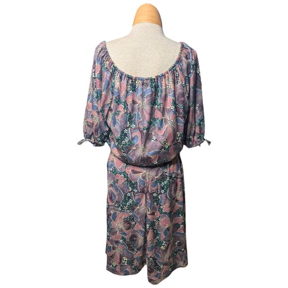 Vtg 1970s Dusty Purple Floral Gathered Sleeve Blouson Top Knee Length Dress 12 - Picture 3 of 5
